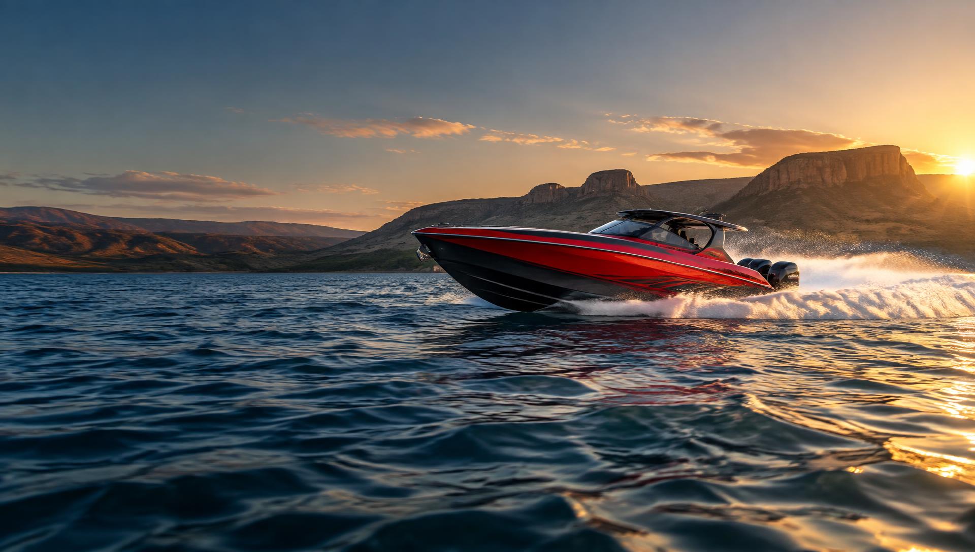 Red high-performance boat crossing the water