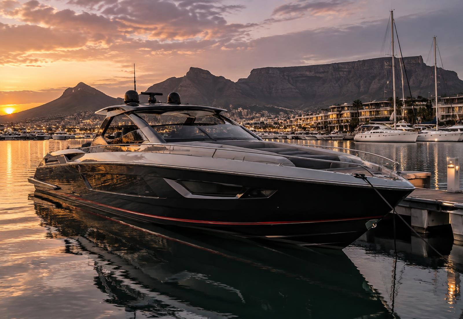 Luxury performance boat at a marina